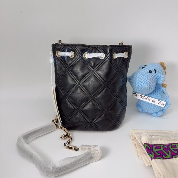 Tory Burch Fleming Mini Soft Quilted Leather Bucket Bag Crossbody Black Gold NWT - Picture 4 of 16